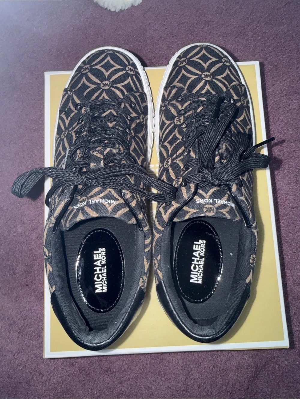 Michael Kors Black and Brown Logo-Pattern Lace-Up Sneakers